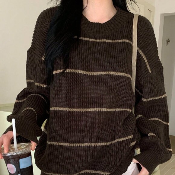 Multicolor Casual Women's Striped Loose Fit Crew Neck Sweater - Picture 5 of 9